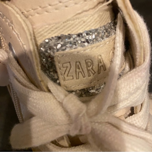 Zara Girls Hightop Lace-Up Side Zip Tennis Shoes w/Rhinestones Cream Color Cute! - Picture 2 of 14